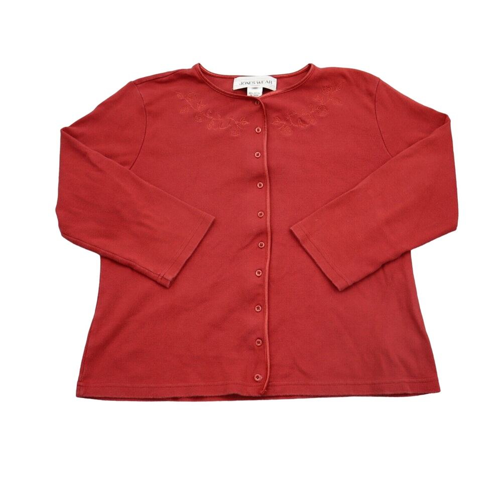 Jones Wear Sweater Womens M Red Cardigan Cotton Long Sleeve Button Round Neck